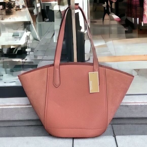 MICHAEL KORS NWT PORTIA SUNSET ROSE PINK LARGE LEATHER TOTE BUCKET SHOULDER BAG - Picture 2 of 10